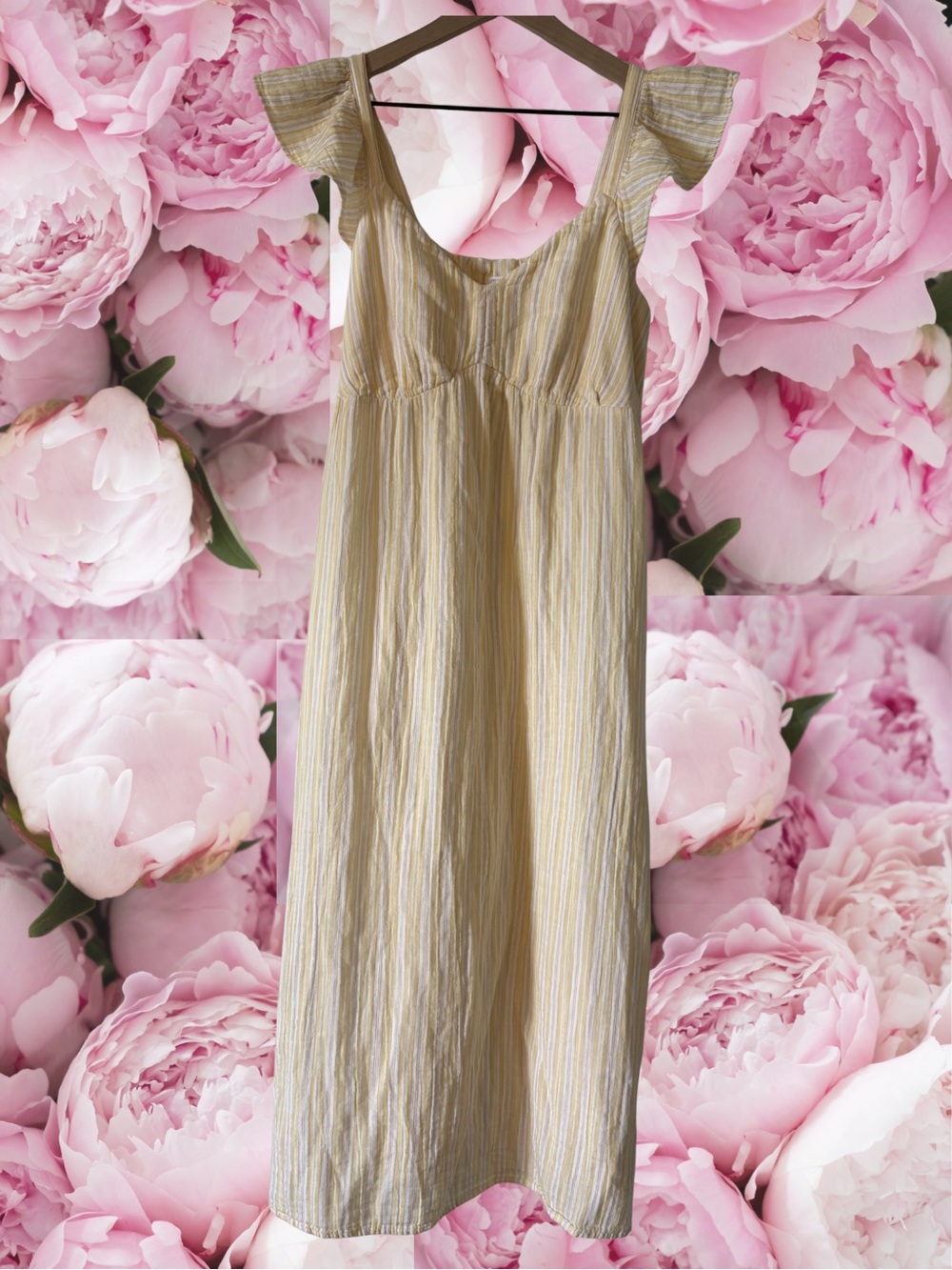 White & Yellow Striped Cotton Maxi Dress with Flutter Straps